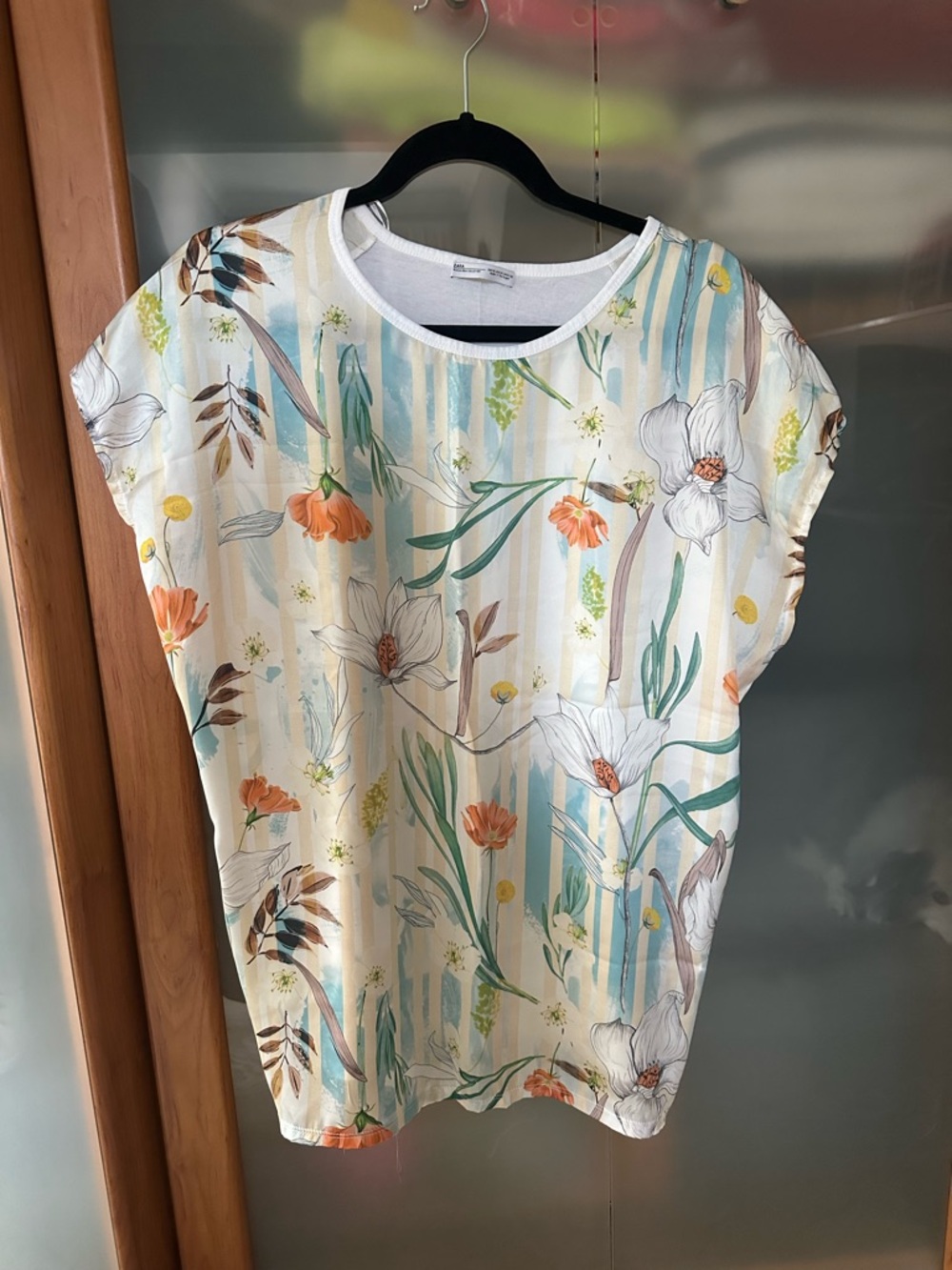 Zara Cream Floral Top with Teal and Orange Accents